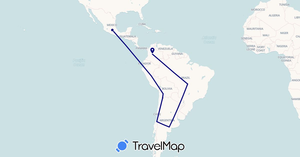 TravelMap itinerary: driving in Argentina, Bolivia, Brazil, Chile, Colombia, Mexico, Peru (North America, South America)